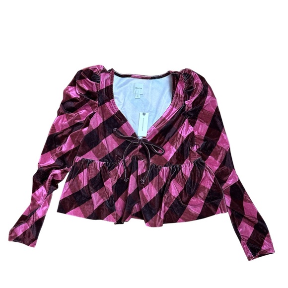 Maeve Checkered Puff Sleeve Velvet Blouse in Pink and Brown - Picture 4 of 8